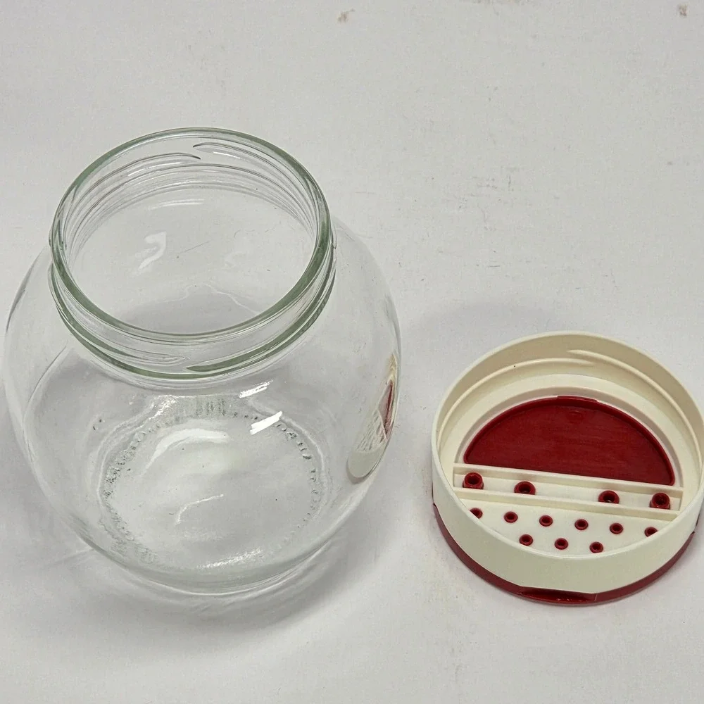 Vintage Glass Spice Jar Red White Dual Flip Top Shaker Pour Lid Clear Canister